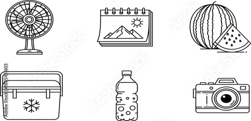 Summer vacation and seasonal holiday line icons set including electric fan, beach calendar, watermelon, cooler box, water bottle, and camera.