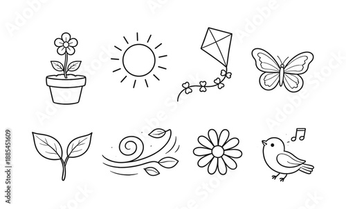 Collection of simple line art icons representing spring and nature elements