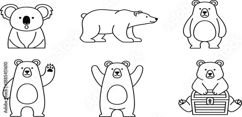 Wild animal and bear character icons set including koala face, polar bear walking, brown bear standing, waving bear, and sitting.