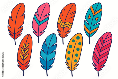 Isolated Decorative Feathers Isolated bright feathers with soft gradients replaced by flat colors for boho branding and packaging.
