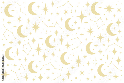 Moon Stars Pattern Repeating moons constellations sparkles and star clusters for dreamy packaging and fabrics.