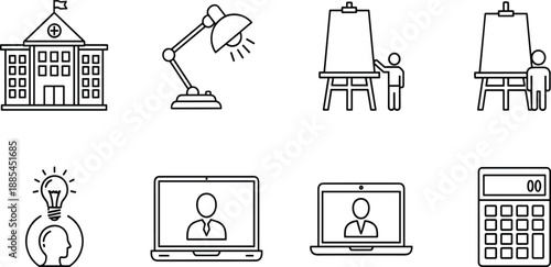 Education and office workspace line icons set including school building, desk lamp, presentation board, creative ideas, video lecture, and calculator.