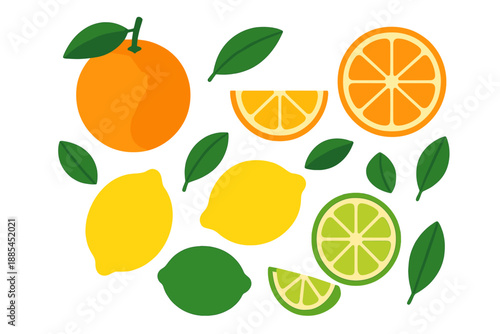 Citrus Fruit Clipart Collection Isolated flat bright citrus fruit collection with whole oranges sliced oranges lemons limes and leaves designed as clipart set for juice branding and.