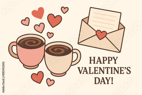 Valentine Coffee Greeting Illustration Flat romantic Valentine illustration with two coffee cups hearts envelope with letter and text area for greeting message perfect for love cards and.