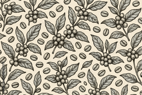 Coffee Plant Pattern Repeating coffee branches beans leaves and berries for packaging fabrics and cafe branding.