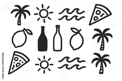 Amalfi Travel Doodle Icon Collection Amalfi travel doodle icon collection with palm tree icons sun icons sea wave icons pizza slice icons lemon icons and wine bottle icons for posters and.