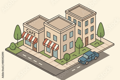 Isometric City Street Buildings Isometric city street illustration vector isometric block with small buildings café shop apartment house trees sidewalk and parked car.