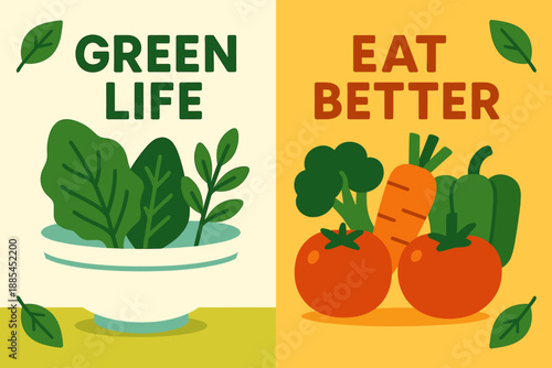 Healthy Living Vertical Banners Two side by side vertical banners with Green Life and leafy bowl and Eat Better with fresh veggies.