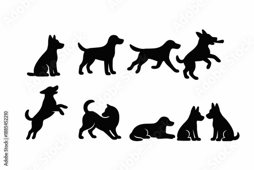 Pet Training Silhouettes Dog sitting standing running fetching jumping turning lying and interacting poses for pet care guides.