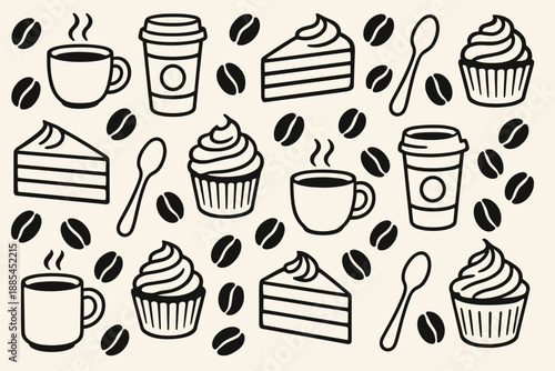 Coffee Shop Pattern Repeating coffee cups beans desserts and spoons for packaging wrapping paper and cafe branding.
