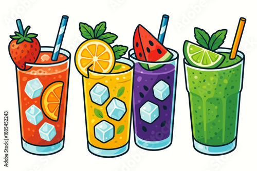 Isolated Summer Drinks Isolated bright summer drinks with fruits and ice for menus packaging travel blogs and social media.