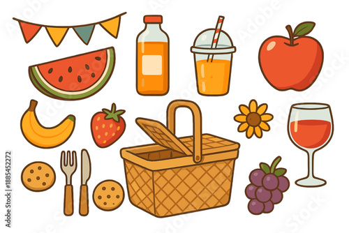 Picnic Graphics Isolated fruits drinks basket utensils cookies and cheerful decorations for seasonal designs.
