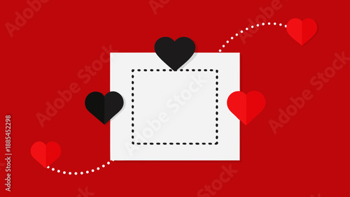 Romantic Cheerful Paper Craft Illustration Frame with Hearts on Red Background for Valentine's Day