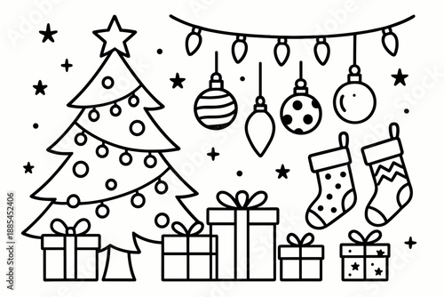 Christmas Eve Set Christmas tree ornaments gifts lights and stockings arranged for holiday cards and social posts.