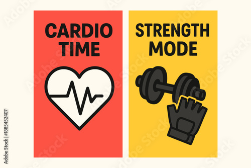 Workout Vertical Banners Two side by side vertical banners with Cardio Time featuring heartbeat icon and Strength Mode featuring weights and gloves.