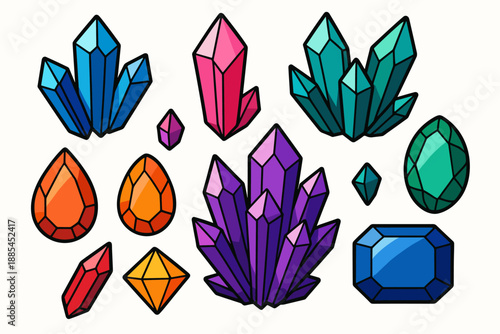 Isolated Colorful Crystals Isolated bright crystals and gemstones for fantasy branding packaging and decorative designs.