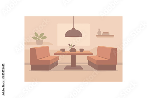 Flat vector background illustration of peaceful minimalist dining nook with bench silhouettes and pendant lamp shape style clean 2D shapes no outlines minimal details matte colors layered