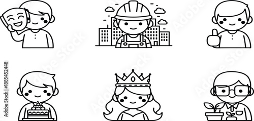 Diverse people character icons set including actor with mask, construction worker, happy boy, man in apron, queen, and laboratory scientist.