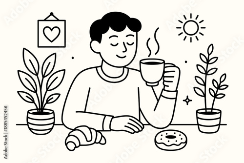 Coffee Break Illustration Person enjoying coffee with pastries plants and decorative elements with space for captions and blog headers.