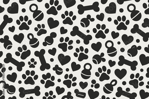Dog Bone Pattern Repeating dog bones paws hearts and simple toys for pet packaging and playful backgrounds.
