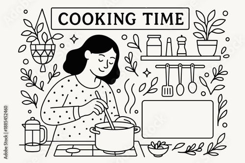 Cooking Time Illustration Person stirring pot in cozy kitchen with herbs utensils and decorative shapes with text area for recipes.