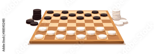 Flat vector illustration of checkers game setup without people: board silhouette and stacked pieces style clean 2D shapes no outlines minimal details layered depth simplified silhouettes