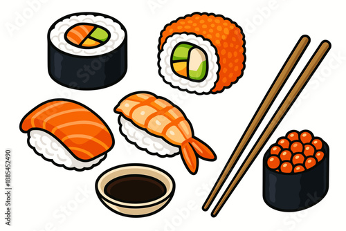 Isolated Sushi Set Isolated bright sushi rolls nigiri soy sauce and chopsticks for menus packaging and culinary blogs.