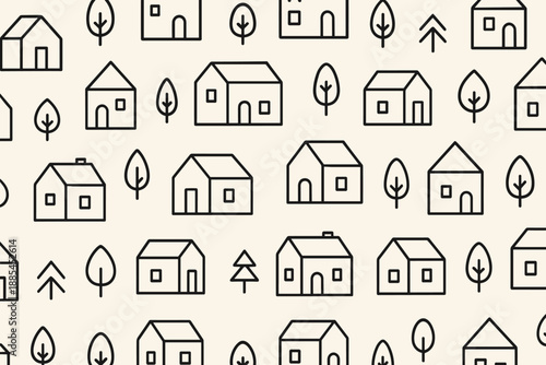 Minimal Houses Pattern Repeating tiny houses roofs and trees for packaging planners and home themed stationery.