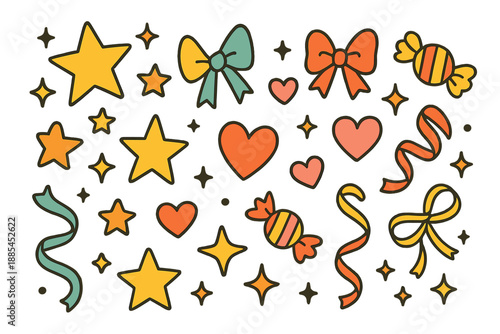 Universal celebration graphics including stars bows hearts candies ribbons sparkles and cute accents for holiday materials.