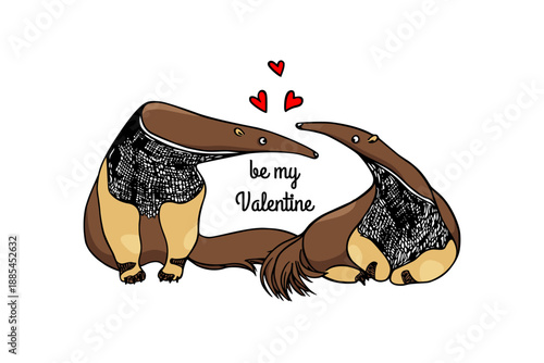 Vector card with hand drawn sweet quirky anteaters in love. Beautiful design elements, ink drawing, funny romantic illustration. Perfect for Valentine's day celebration.