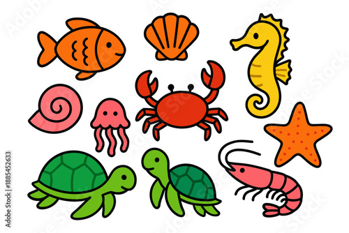 Bright flat ocean animals like fish shells seahorse crab jellyfish starfish turtle and shrimp for kids projects.