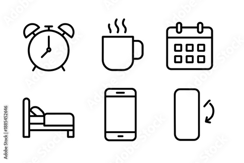 Morning Routine Icons Set Morning routine productivity icon set with alarm clock icon coffee mug icon checklist icon calendar icon smartphone icon bed icon for planners and habit trackers.