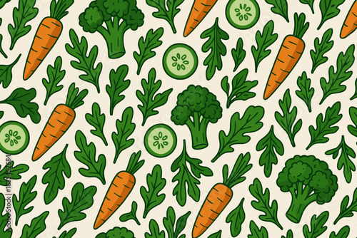 Fresh Veggie Pattern Repeating carrots cucumbers broccoli and greens for packaging and kitchen textiles.