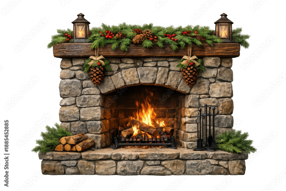 Fototapeta premium Stone fireplace with roaring fire, decorated for holidays, featuring garlands, lanterns, and pinecones, isolated with transparent background