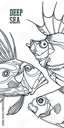 Vector deep sea fishing poster with hand drawn illustration of tree ugly fishes made in graphic style. Ink drawing, beautiful design elements. Perfect for any industry related to fish.