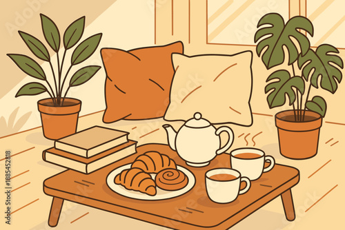 Illustration of relaxed weekend tea moment with books pillows plants cups pastries and morning sunlight for lifestyle blogs.