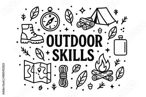 Outdoor Skills Poster Icons Main outdoor title surrounded by icons like compass tent firewood boots map rope flask and leaves.