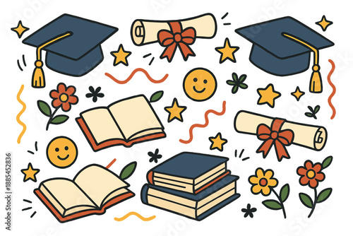 Graduation set featuring caps diplomas bows stars books flowers ribbons and cheerful shapes for events.