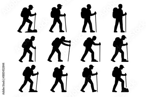 Silhouettes of hikers moving uphill downhill standing resting stretching and stepping for outdoor activity charts.