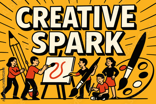 Creative Spark Comic Header Big headline with oversized pencils brushes palettes and tiny characters creating art.