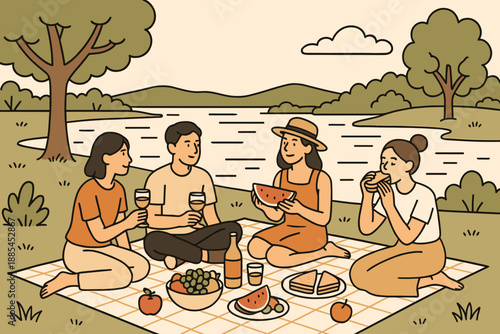 Illustration of people enjoying lakeside picnic with blanket fruits sandwiches drinks trees and calm water scenery.