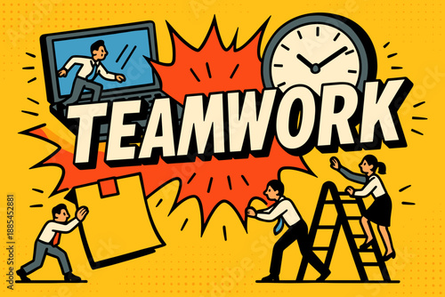 Comic banner with giant office items like laptops clocks sticky notes and tiny characters showing teamwork.