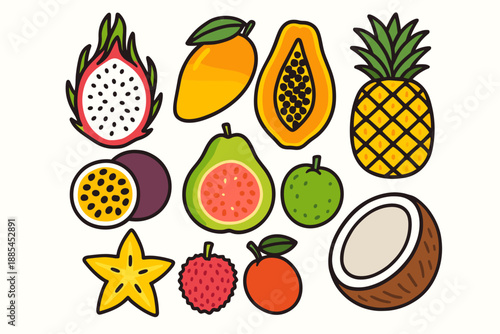 Bright Flat Exotic Fruits Isolated dragonfruit mango papaya passionfruit guava pineapple starfruit lychee and coconut for packaging.
