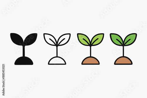 Four style plant sprout shown as solid glyph outline minimal flat color and cartoon shading for UI sets.