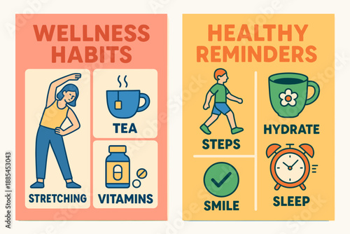 Wellness Habit Banners Two A4 banners with stretching tea vitamins journal steps and healthy reminders in bright palettes.