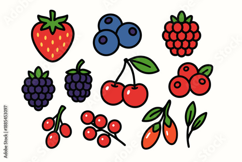 Bright flat berry collection including strawberries blueberries raspberries blackberries cherries cranberries currants and goji for packaging.