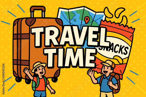 Comic banner showing oversized travel items such as huge suitcase map snacks and tiny tourists waving.