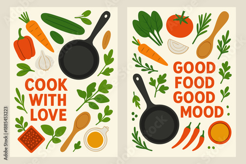 Two A4 banners featuring kitchen prep with veggies spices pans spoons herbs and optimistic cooking quotes.