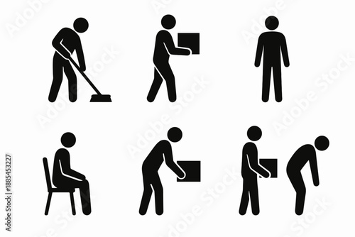 Silhouettes showing everyday tasks like sweeping carrying lifting placing sitting standing and bending for instruction sheets.