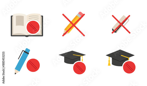 Higher education symbols with prohibition and stop icons flat vector set isolated on white